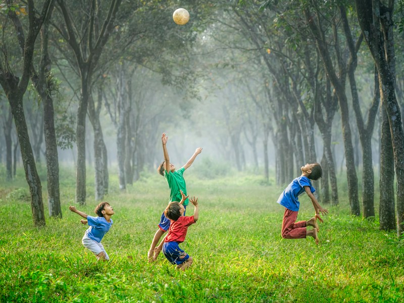 Children playing ball outdoors during a growth stage